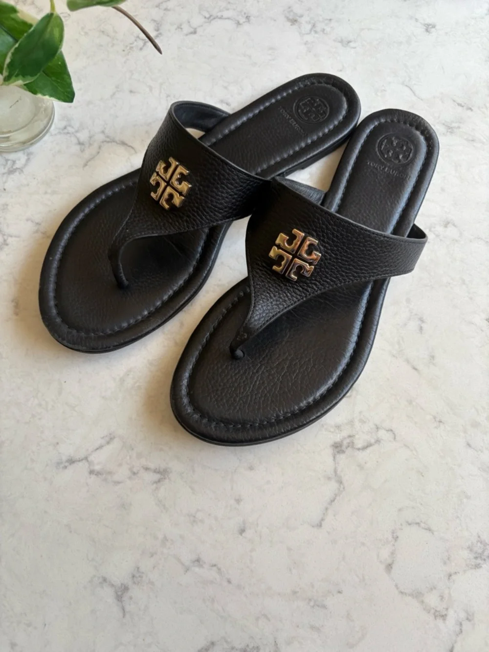 Tory Burch Black Miller Thong Sandals with Gold Logo 8